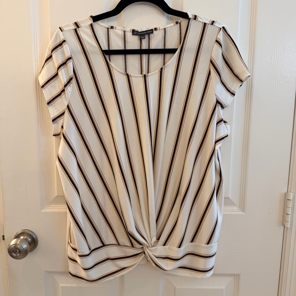 Adrianna Papell Cream Short-Sleeve Twist-Front Top with Black & Brown Stripes